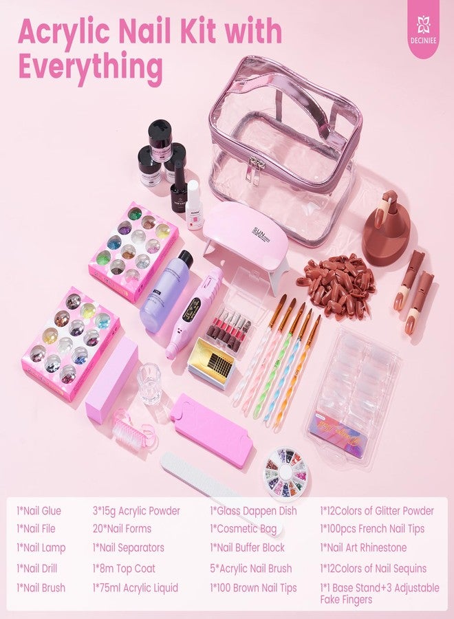 Deciniee Nail Kit for Beginners with Everything: Professional Nail Acrylic Powder Liquid Set with Practice Finger Drill U V Light in Makeup Bag for Women Salon Home (Pink) - Image 2